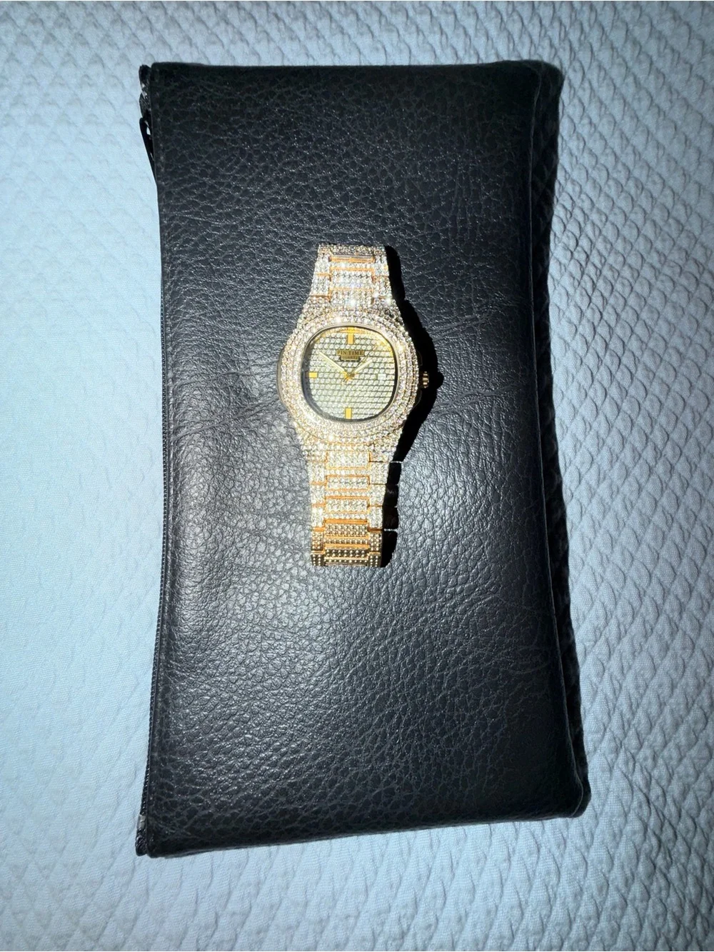 Pintime Iced Out Two Tone 14k Gold Silver Lab Diamond Stainless Steel Watch